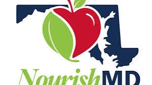 Nourish MD logo featuring a red and green apple over a blue outline of Maryland, with the words “Nourish MD” below.