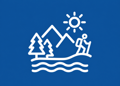 White line icon depicting tourism and outdoor recreation, with mountains, evergreen trees, a hiker with a backpack, a sun, and waves on a blue background.