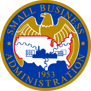 Seal of the U.S. Small Business Administration featuring a bald eagle, a map of the United States, and the text “Small Business Administration” and “1953.”