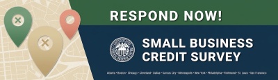 A banner graphic with a folded paper map design on the left side, featuring three stylized map pin icons in green, beige, and reddish-brown. On the right, against a dark green and blue geometric background, the text reads: “RESPOND NOW! SMALL BUSINESS CREDIT SURVEY.” The graphic also includes the official seal of the Federal Reserve System and a list of all 12 Federal Reserve cities: Atlanta, Boston, Chicago, Cleveland, Dallas, Kansas City, Minneapolis, New York, Philadelphia, Richmond, St. Louis, and San F