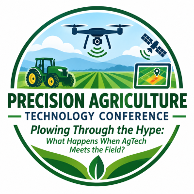 Circular Precision Agriculture Technology Conference logo featuring a green tractor in a field, a drone, satellite, and digital field-mapping tablet, with blue mountains and green crop rows in the background. The logo includes the tagline, “Plowing Through the Hype: What Happens When AgTech Meets the Field?”