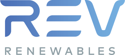 REV Renewables logo with stylized blue “REV” lettering and gray “RENEWABLES” text underneath.